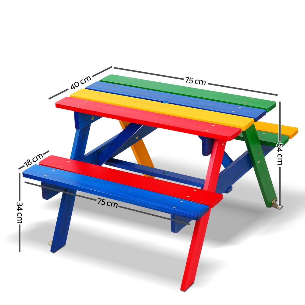 Keezi Kids Wooden Picnic Table Set featuring a colorful table, two benches, and a sturdy umbrella, perfect for outdoor play.